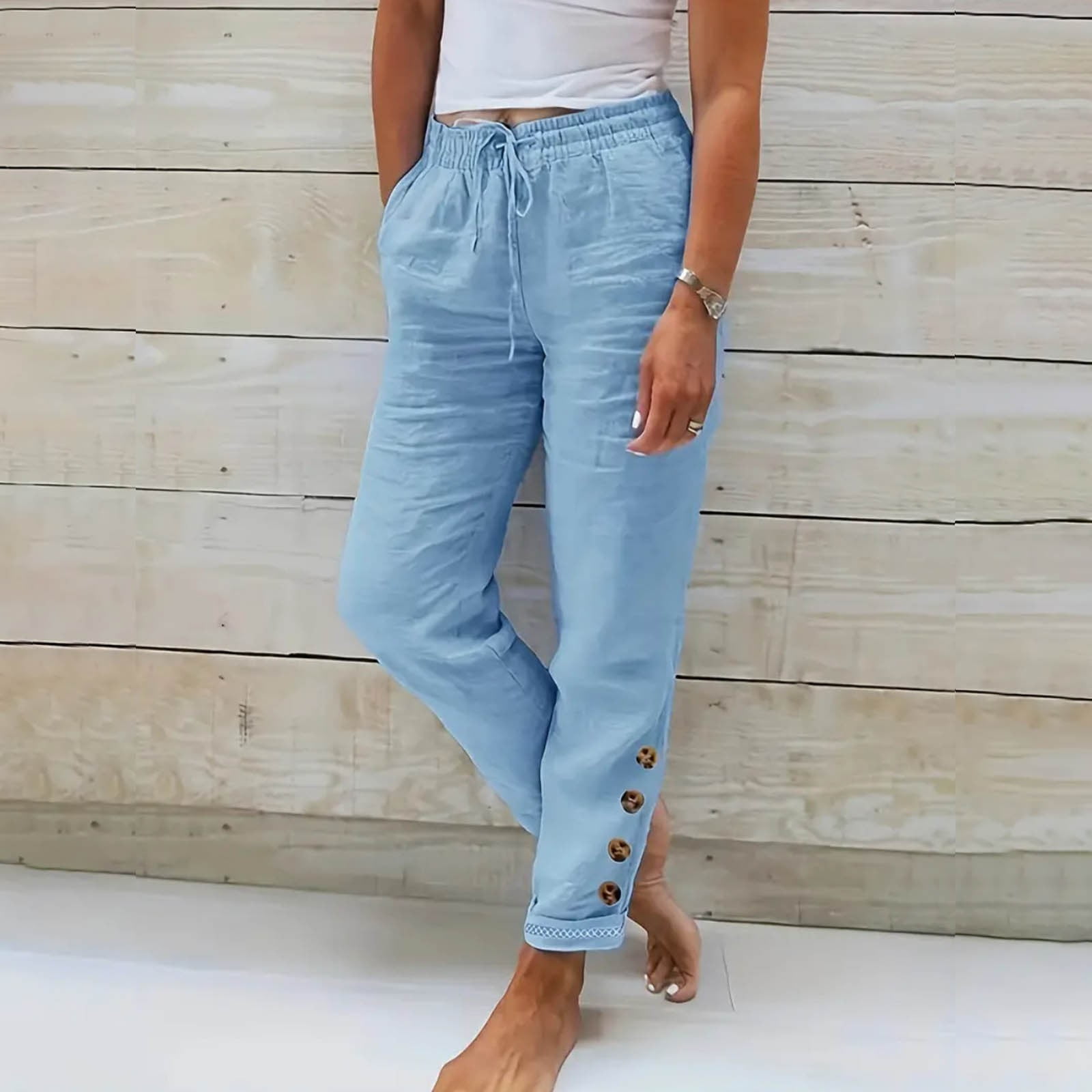 Women Blue Twill Side Button Pants