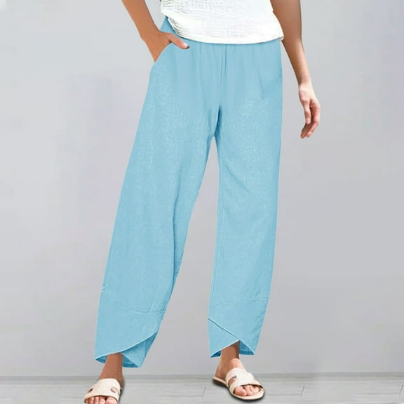 Blue Womens Sweatpants Women's Spring and Summer Elastic Waist Cotton Linen Loose Casual Pants Home Pants Casual Pants Women