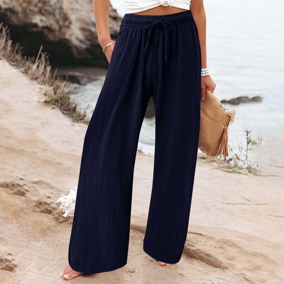 Blue Womens Sweatpants Womens Cotton Casual Loose Pants Comfy Work Pants with Pockets Elastic High Waist Paper Bag Drawstring Pants Casual Pants Women