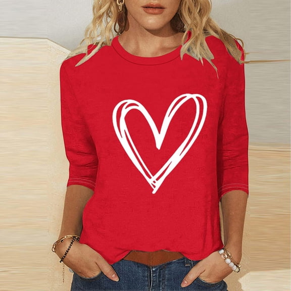 Blue Womens Sweatshirt Valentines Shirts for Women Trendy 2025 Cute Love Heart Print Tops Plus Size Casual Summer 3/4 Sleeve Blouses Womens Fashion Clothing
