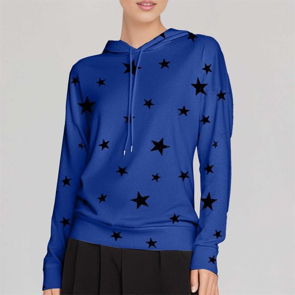 Blue Womens Sweatshirt Women Hoodie Star Print Loose Fit Sweatshirt Flexible Cozy Practical Trendy Fall Clothes for Women