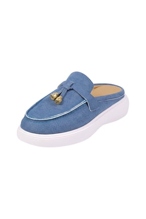 Blue Womens Tassel Mule Loafers | Slip On Backless Platform Loafers Comfortable Casual Shoes for Women with Gold Tassel,Size 5.5