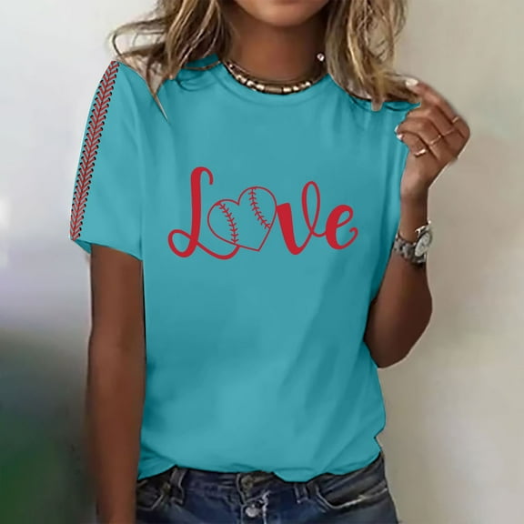Blue Womens Tops 2025 Summer Women's Baseball Print T Shirts for Women