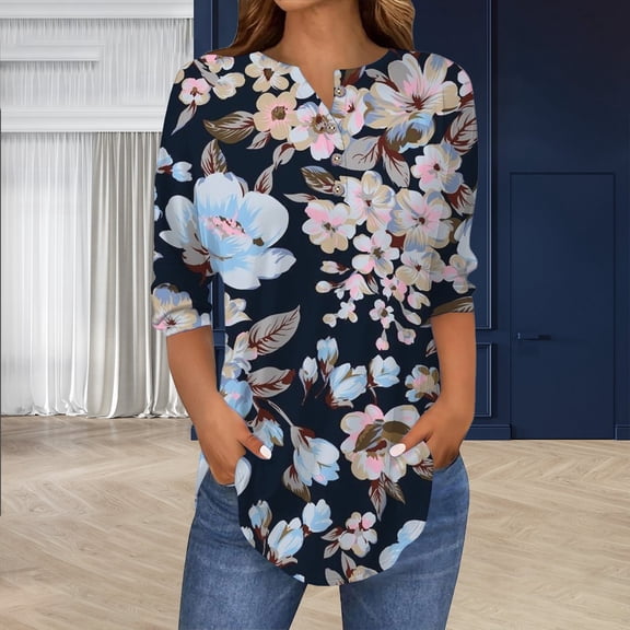 Blue Womens Tops 3/4 Length Sleeve Womens Tops 2025 Spring Neck Casual Print Tunic T Shirts Three Quarter Length Womens Tops Shirts for Women