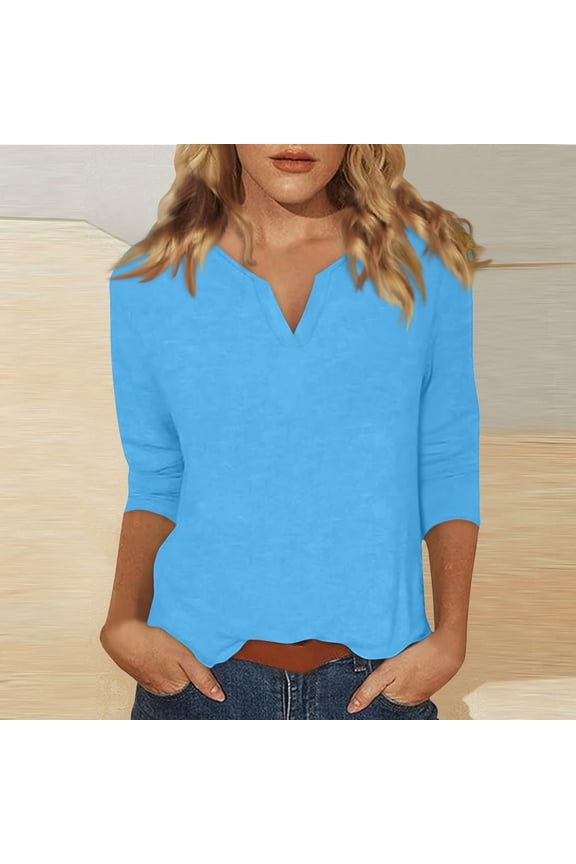 Womens Tops 3/4 Sleeve Tops for Women Summer Notched V Neck Plain T Shirts Casual Cute Three Quarter Length Blouses