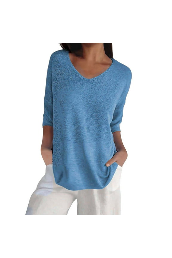 Blue Womens Tops Casual, 3/4 Sleeve Summer Shirts for Women 2024, Weekend Cotton Womens Tops Dressy Casual, Womens Short Sleeve Sweaters Tops V Neck Pullover Knit Shirts Loose Blouses