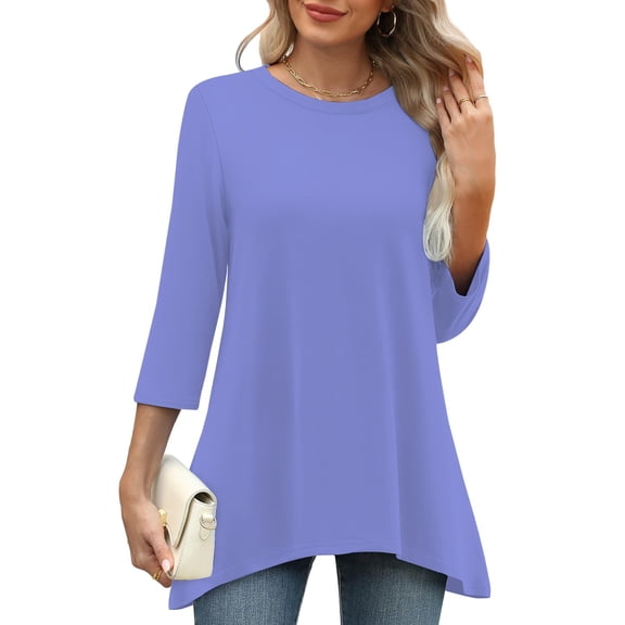 Blue Womens Tops Casual Loose Round Neck Mid Length Sleeve Ladies Top Asymmetrical Shirts for Women