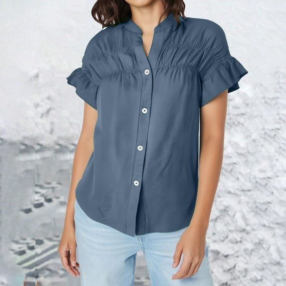 Blue Womens Tops Casual Short Sleeved Pleated Shirt Solid Color Cotton and Linen Stand Up Collar Shirt for Women Shirts for Women