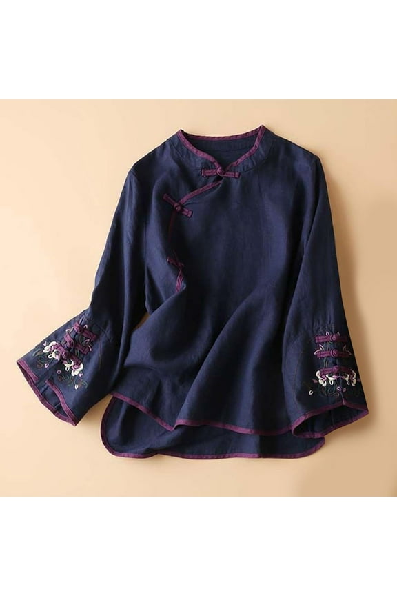 Blue Womens Tops Chinese Traditional Suit Blouse Women Embroidery Cotton Linen Bell Long Sleeve Shirts Frog Button Tops Cheongsam Going Out Tops for Women