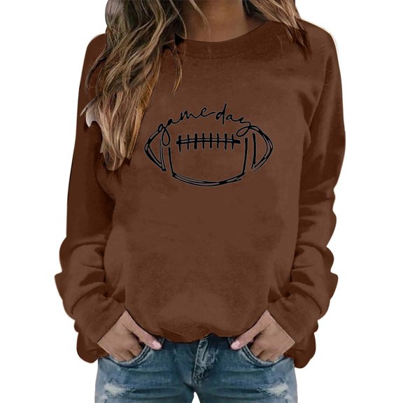 Blue Womens Tops Crewneck Sweatshirts Women Fall Fashion Football Print Sweatshirt Pullover Tops Casual Long Sleeve Shirts Fall Outfits for Women 2025