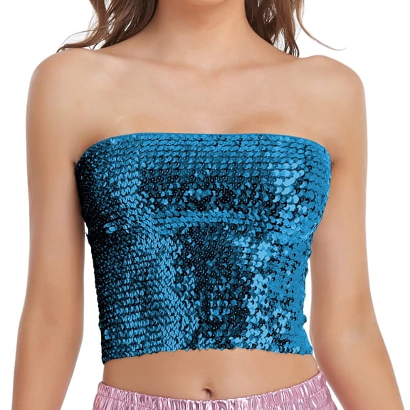 Blue Womens Tops Fashion Mardi Holiday Womens Sparkling Sequins Stretch Party Clubwear Tube Top Shirts for Women