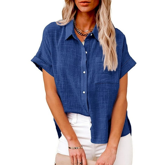 Blue Womens Tops Fashion Women's Solid Linen Casual Loose Short Sleeve Button Shirt Going Out Tops for Women