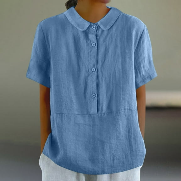 Blue Womens Tops Linen Shirts for Women Short Sleeve Button Down Up Shirt Casual Collared V Neck Tops Shirts Blouses Trendy Summer Tops Shirts for Women