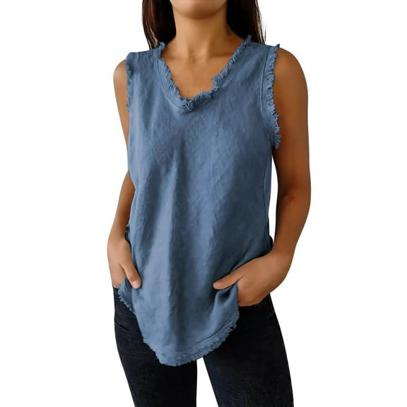 Blue Womens Tops Linen Sleeveless Tops for Women 2025 Summer Trendy Plain Ruffled V Neck Tank Shirts Casual Cool Edge Hem Camisoles Shirts for Women