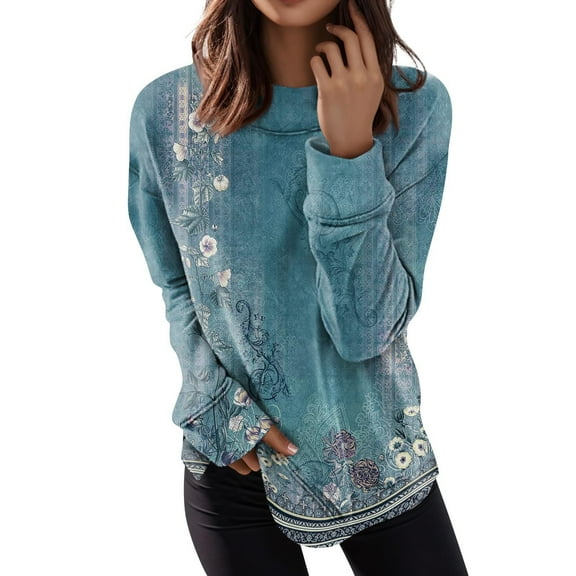 Blue Womens Tops Long Sleeve Shirts Plus Size Tops Dressy Casual Blouses for Women Crewneck Loose Fit T Shirts Trendy Tunics Shirts for Women