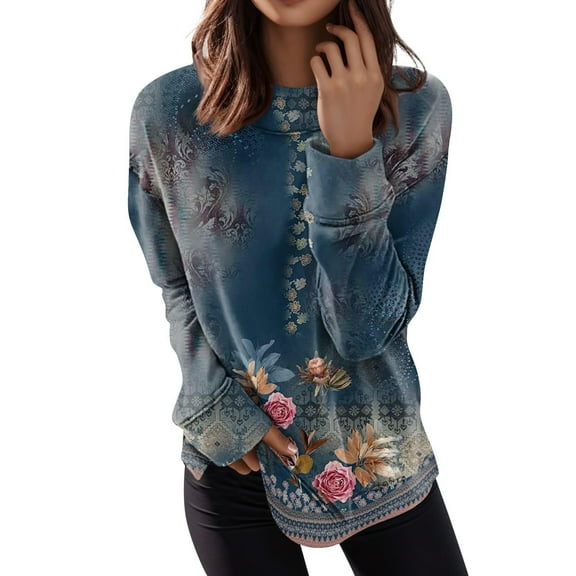 Blue Womens Tops Long Sleeve Shirts Plus Size Tops Dressy Casual Blouses for Women Crewneck Loose Fit T Shirts Trendy Tunics Shirts for Women