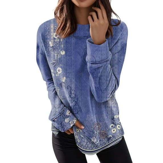 Blue Womens Tops Long Sleeve Shirts Plus Size Tops Dressy Casual Blouses for Women Crewneck Loose Fit T Shirts Trendy Tunics Shirts for Women