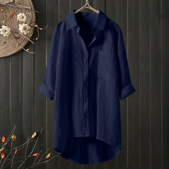 Blue Womens Tops Muslin Blouse Women's Cotton Linen Long Sleeve V Neck Loose Casual Tops Plain Oversize Linen Blouse Button Down Lightweight Shirts for Women
