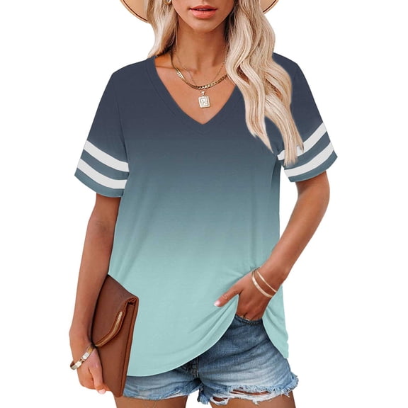Blue Womens Tops Plus Size V Neck T Shirts Women Short Sleeve Tops Casual Summer Tshirts Loose Fit Tee Shirts for Women