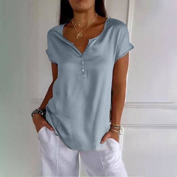 Blue Womens Tops Relaxed Casual Simple Stylish Short Sleeved Shirt for Commuting Shirts for Women