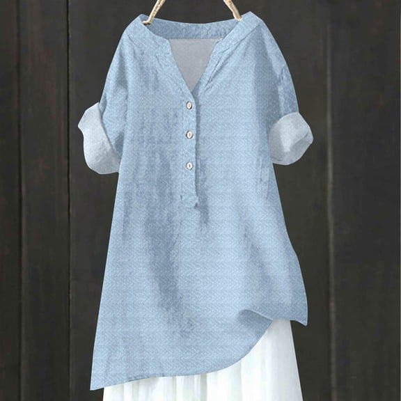 Blue Womens Blouses Solid Color Simple Geometric Texture Semi Open Shirt Top Ladies Tops and Blouses