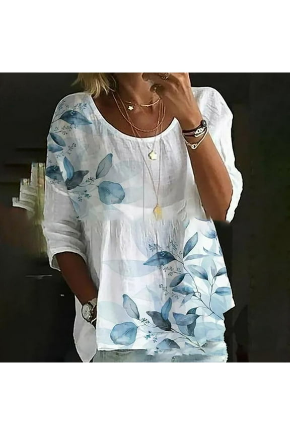 Blue Womens Tops Women Cotton Linen 3/4 Sleeve Floral Leaf Print Dressy Blouse Tops Spring Summer Oversized Loose Flowy Shirt 2025 Shirts for Women