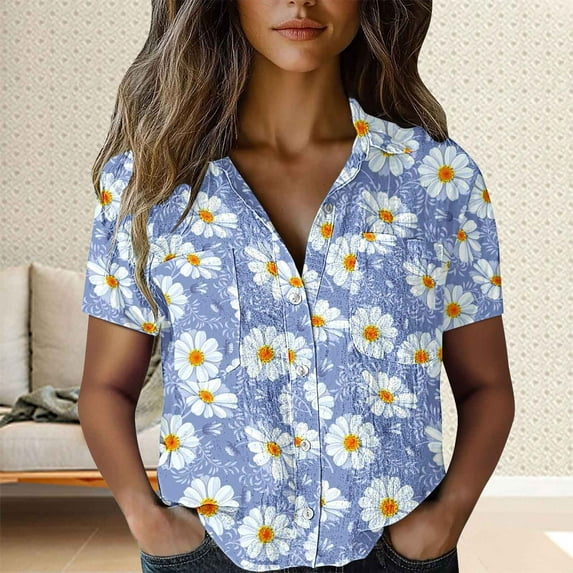Blue Womens Tops Women Cotton Shirt Printed Fashion Down Shirts Casual Tops Short Sleeve Blouse Shirts for Women