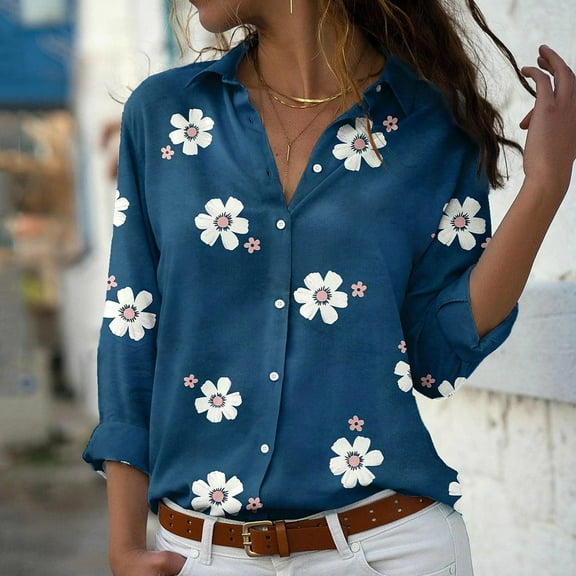 Blue Womens Tops Women Lapel Neck Fashion Casual Animal Print Long Sleeve Shirts for Women