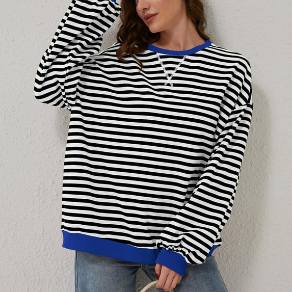 Blue Womens Tops Women Oversized Striped Color Block Long Sleeve Crew Neck Sweatshirt Casual Loose Pullover Shirt Top Fall Outfits for Women 2025