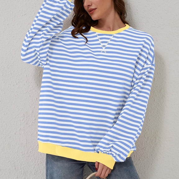 Blue Womens Tops Women Oversized Striped Color Block Long Sleeve Crew Neck Sweatshirt Casual Loose Pullover Shirt Top Fall Outfits for Women 2025