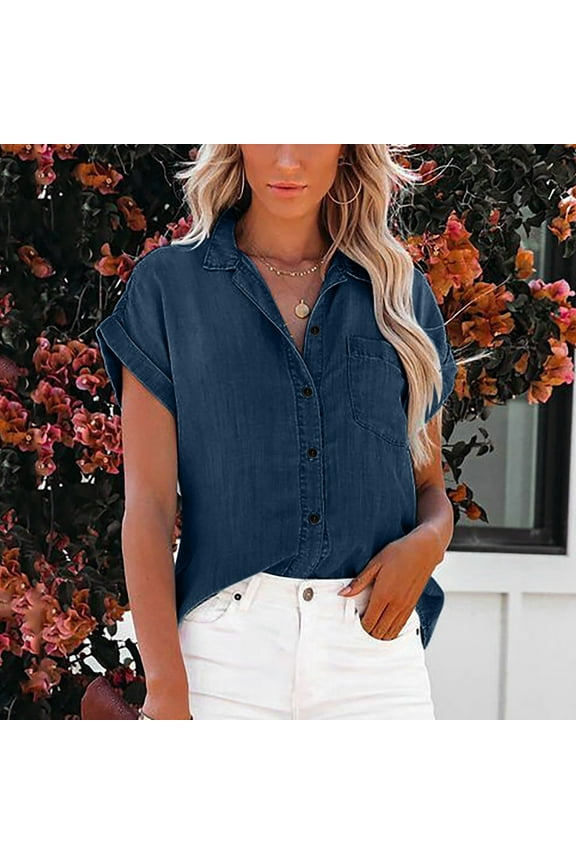 Blue Womens Tops Women Summer Solid Fashion Pocket Lapel Wash Denim Casual Shirt Going Out Tops for Women