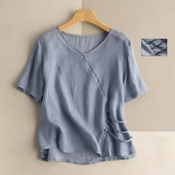 Blue Womens Tops Women's 2025 Summer Retro Plate Button Embroidered Shirt New Chinese Loose Tilt Tea Clothes Top Short Sleeved T Shirts for Women