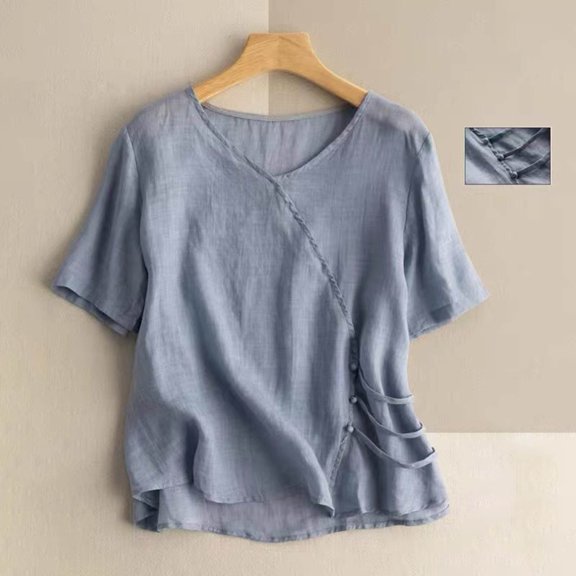 Blue Womens Tops Women's 2025 Summer Retro Plate Button Embroidered Shirt New Chinese Loose Tilt Tea Clothes Top Short Sleeved T Shirts for Women