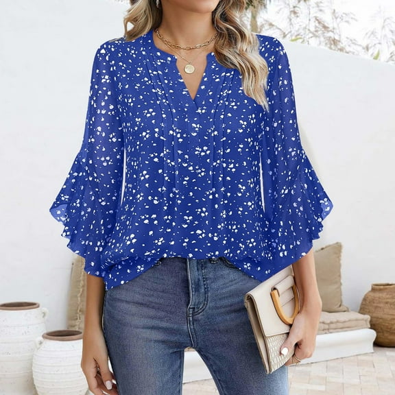 Blue Womens Tops Women's 3/4 Sleeve Tops Casual Business Work Blouses Chiffon Shirts Shirts for Women