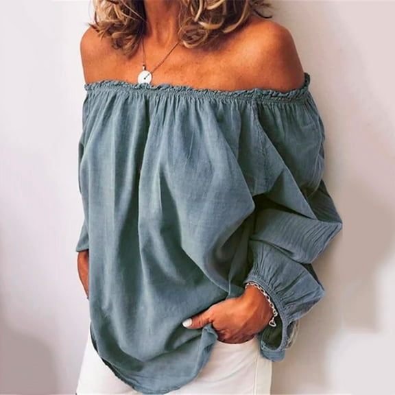 Blue Womens Tops Women's Blouse Off Shoulder Casual Sleeve T Shirt Shoulder Tops Size Summer Loose Ruffle Top Going Out Tops for Women