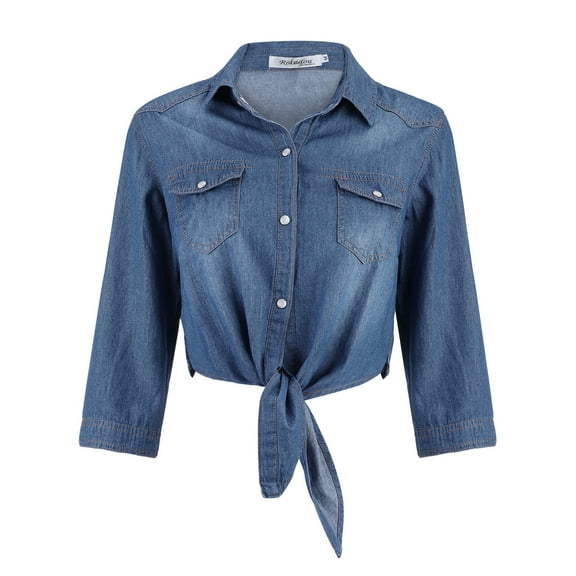 Blue Womens Tops Women's Casual 3/4 Sleeve Button Down Crop Jean Top Knot Tie Denim Shirt Jacket Shirts for Women