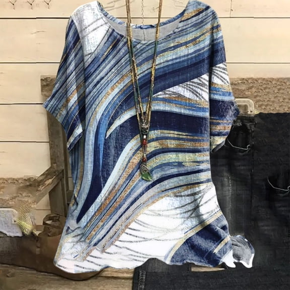 Blue Womens Tops Women's Casual Loose Leaf Butterfly Print Round Neck Top Shirts for Women