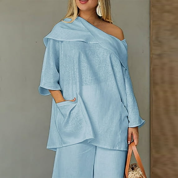 Blue Womens Tops Women's Casual Solid Color Long Sleeve Cotton and Linen Top Draped Neck 3/4 Sleeve Comfortable Casual Linen Pocket Shirts Shirts for Women