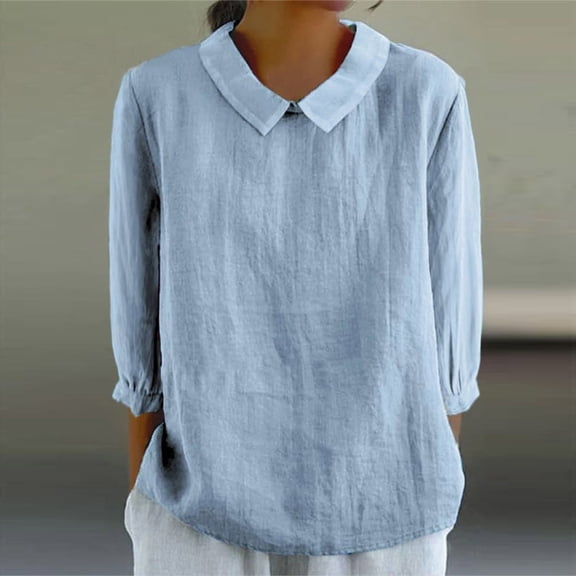 Blue Womens Tops Women's Cotton Linen Button Short Sleeve Shirts Summer Loose Crew Neck Casual Boho Top Vintage Embroidered Blouse Tops Shirts for Women