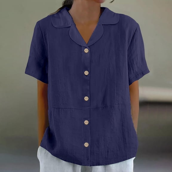 Blue Womens Tops Women's Cotton and Linen Summer Casual Collar Short Sleeved Blouse Shirts for Women