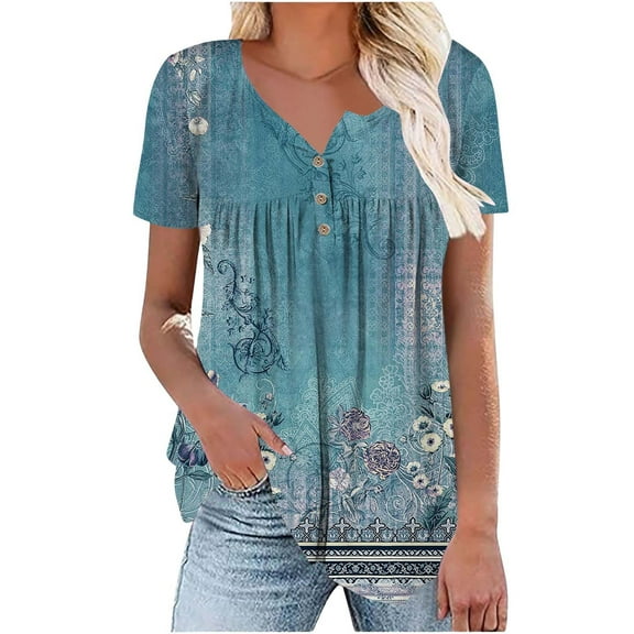 Blue Womens Tops Women's Fashionable and Casual Floral Print V Neck Wrinkled Short Sleeve Top T Shirt Shirts for Women