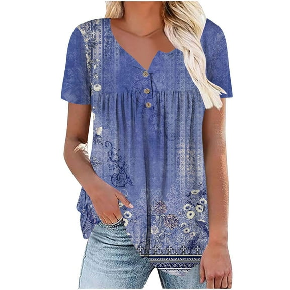 Blue Womens Tops Women's Fashionable and Casual Floral Print V Neck Wrinkled Short Sleeve Top T Shirt Shirts for Women