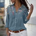 thumbnail image 1 of Blue Womens Tops Women's Floral Print Button Down Shirts Roll Up Sleeve Tops V Neck Collared Casual Work Blouses Shirts for Women, 1 of 5