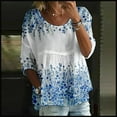 thumbnail image 1 of Blue Womens Tops Women's Floral Print T Shirt Half Sleeved Round Neck Shirt 3/4 Sleeved T Shirt Loose Large Size T Shirts for Women, 1 of 3