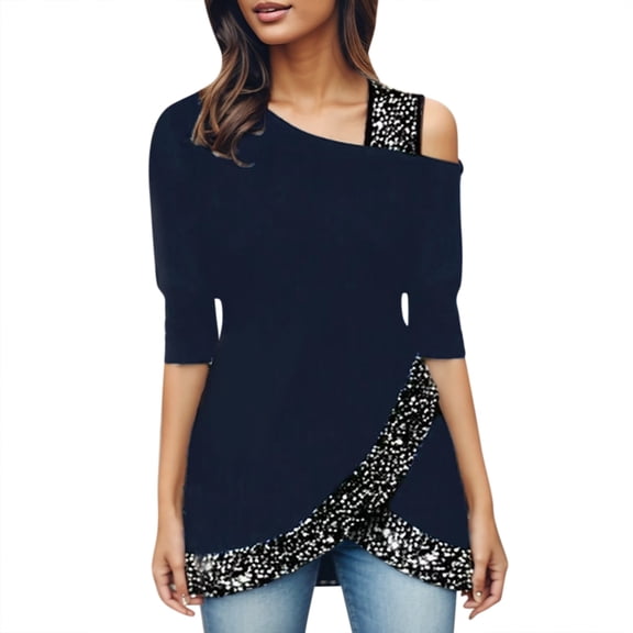 Blue Womens Tops Women's Sequin Splicing Strapless Long Sleeve Casual Top Shirts for Women