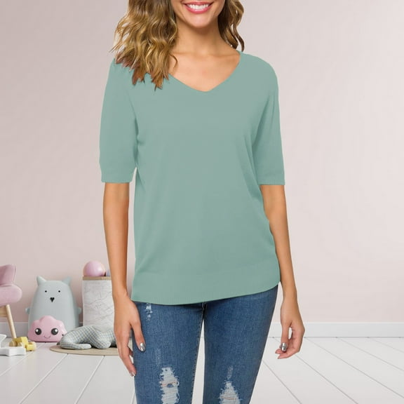 Blue Womens Tops Women's Short Sleeves Sweaters V Neck Soft Pullover Top Shirts for Women