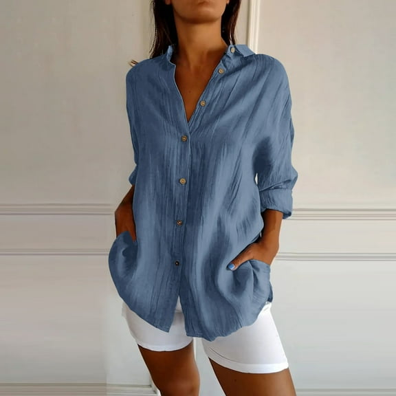 Blue Womens Tops Women's Single Breasted Pleated Lapel Shirt Independent Station Explosion Women's Solid Color European and American Sleeve Top Going Out Tops for Women