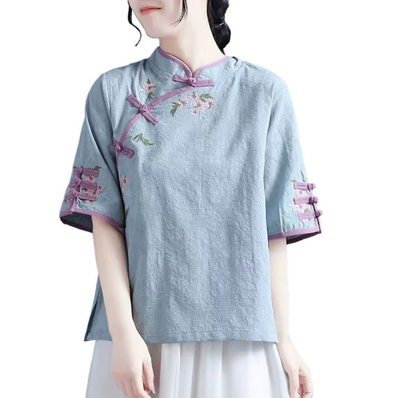 Blue Womens Tops Women's Spring/Summer Embroidered Tang Dress Half Sleeved Chinese Zen Tea Dress Chinese Cotton Pan Button Qipao Top T Shirts for Women
