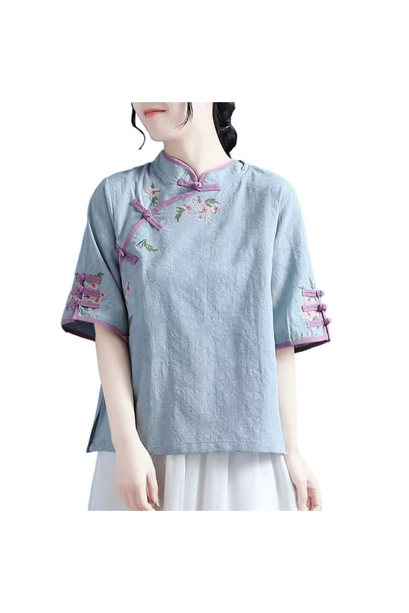 Blue Womens Tops Women's Spring/Summer Embroidered Tang Dress Half Sleeved Chinese Zen Tea Dress Chinese Cotton Pan Button Qipao Top T Shirts for Women