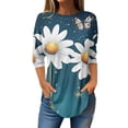 thumbnail image 1 of Blue Womens Tops Women's Spring/Summer Flower Print Round Neck 3/4 Sleeve T Shirt Base Shirt Top Long Sleeve T Shirts for Women, 1 of 4